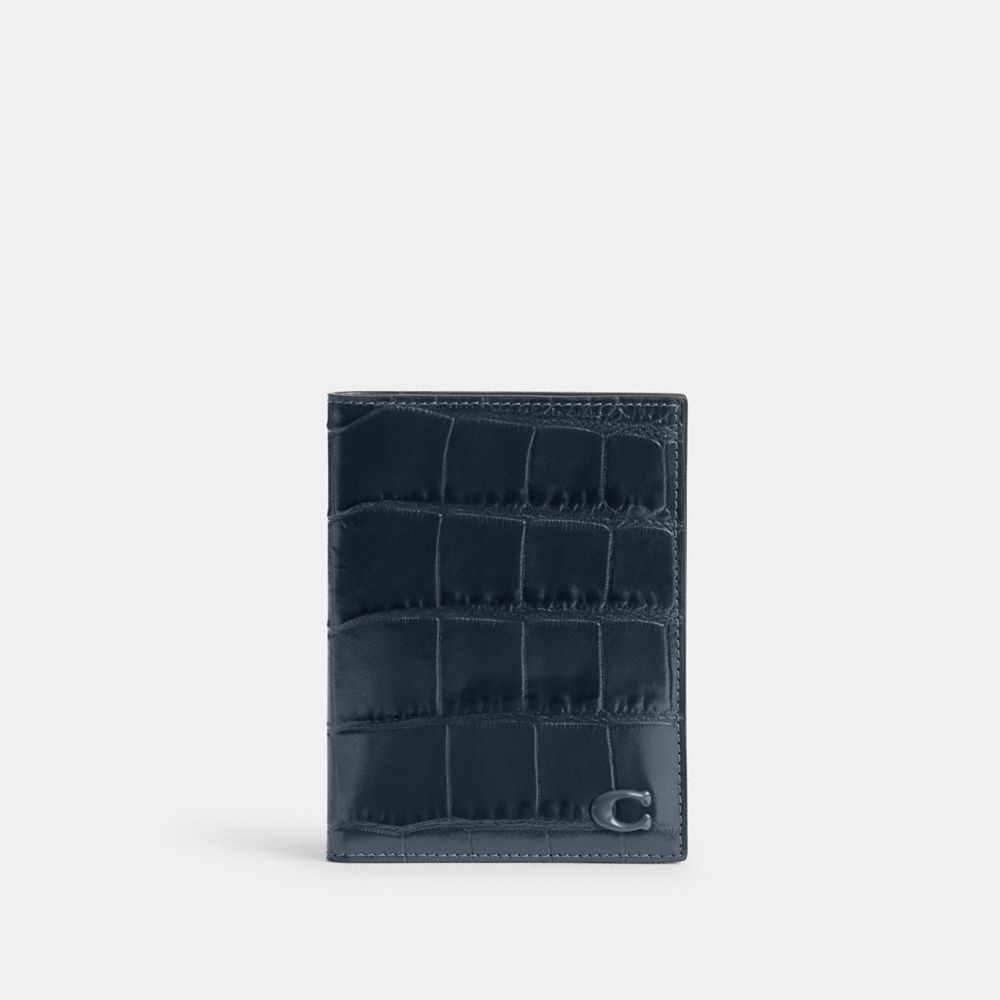 COACH®,Passport Case,Calfskin Leather,Passcase Wallet,Passport Case,Bi Fold,Logo,Travel,Navy,Front View