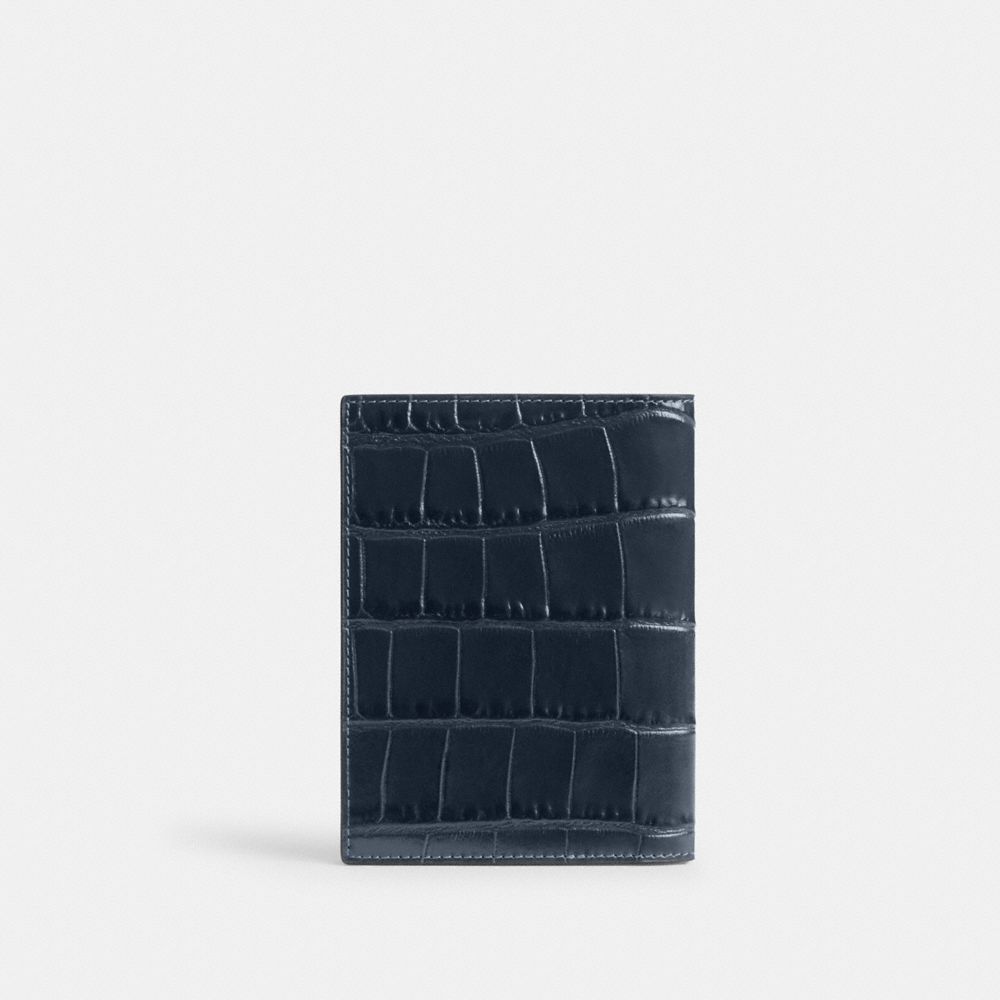 COACH®,Passport Case,Calfskin Leather,Passcase Wallet,Passport Case,Bi Fold,Logo,Travel,Navy,Back View