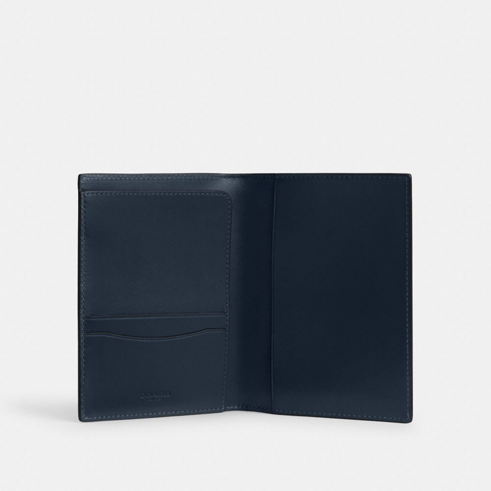 COACH®,Passport Case,Calfskin Leather,Bi Fold,Passport Case,Passcase Wallet,Logo,Travel,Navy,Inside View,Top View