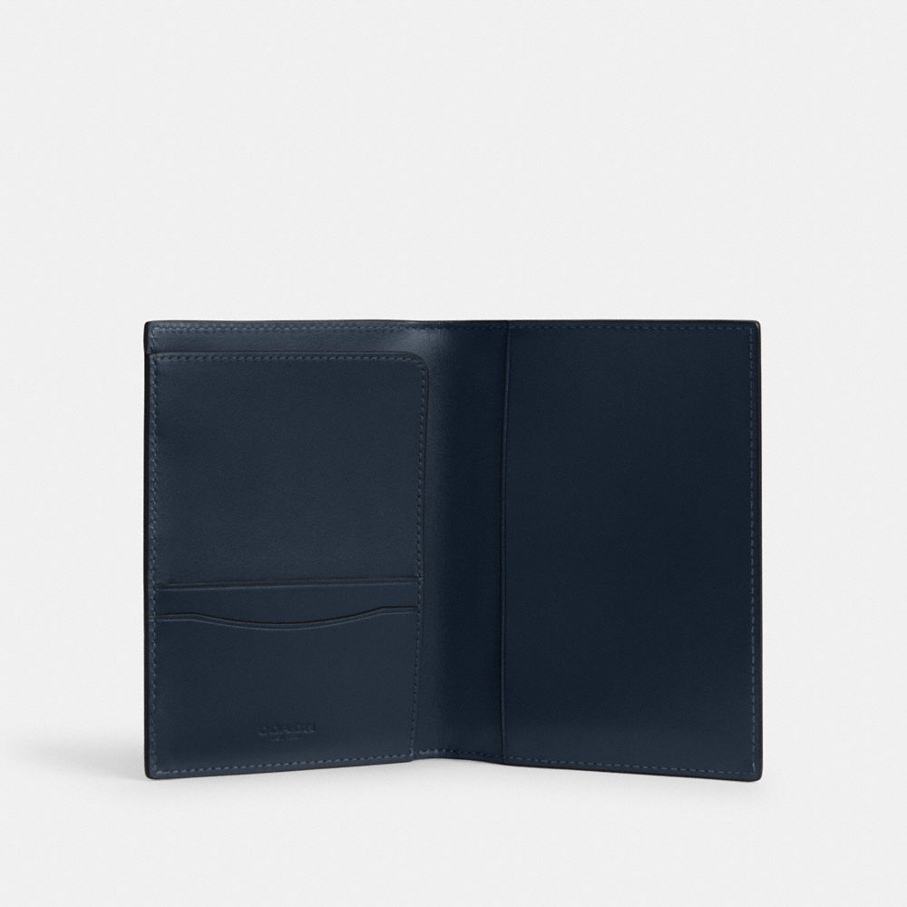 COACH®,Passport Case,Calfskin Leather,Passcase Wallet,Passport Case,Bi Fold,Logo,Travel,Navy,Inside View,Top View