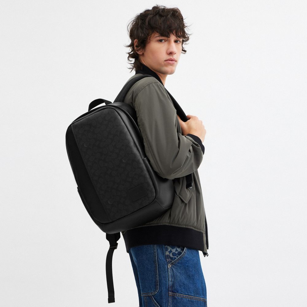 COACH®,Edge Backpack In Signature Canvas,Canvas,Leather,Backpack,Color Block,Adjustable,Casual,Multi Color,Detail View