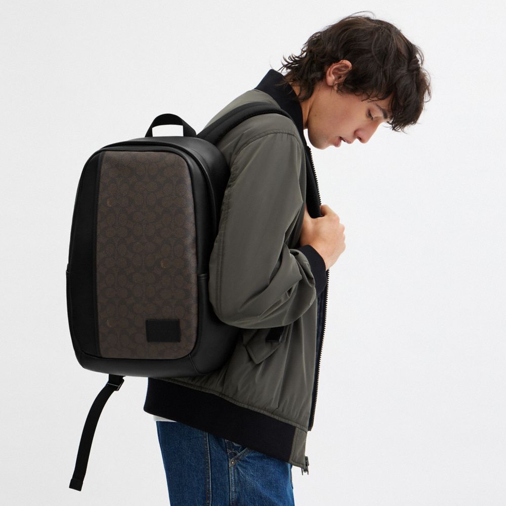 COACH®,Edge Backpack In Signature Canvas,Canvas,Leather,Backpack,Color Block,Adjustable,Casual,Gray,Detail View