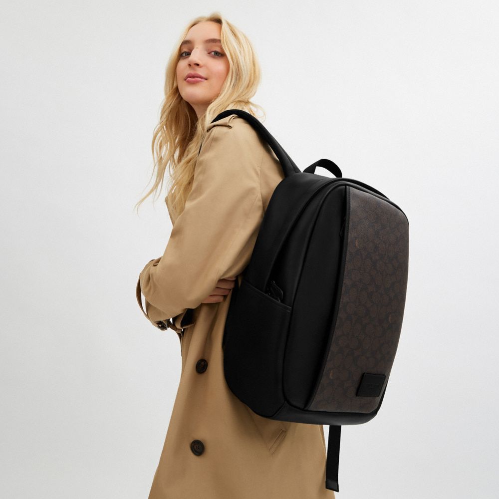 COACH®,Edge Backpack In Signature Canvas,Canvas,Leather,Backpack,Color Block,Adjustable,Casual,Gray,Angle View