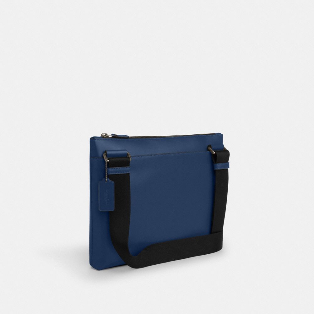 COACH®,Carrier Zip Crossbody Bag,Calfskin Leather,Crossbody,Logo,Tag Embellishment,Adjustable,Casual,Navy,Angle View