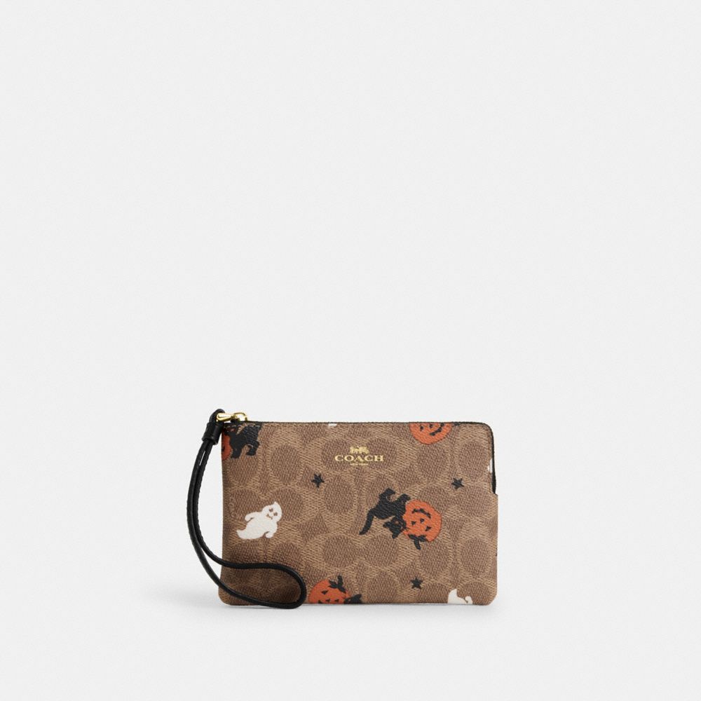 COACH®,WRISTLET ZIPPÉ EN COIN EN TOILE SIGNATURE AVEC IMPRIMÉ D’HALLOWEEN,Imprimé Novelty,Or/Bronzé/Noir multi,Front View