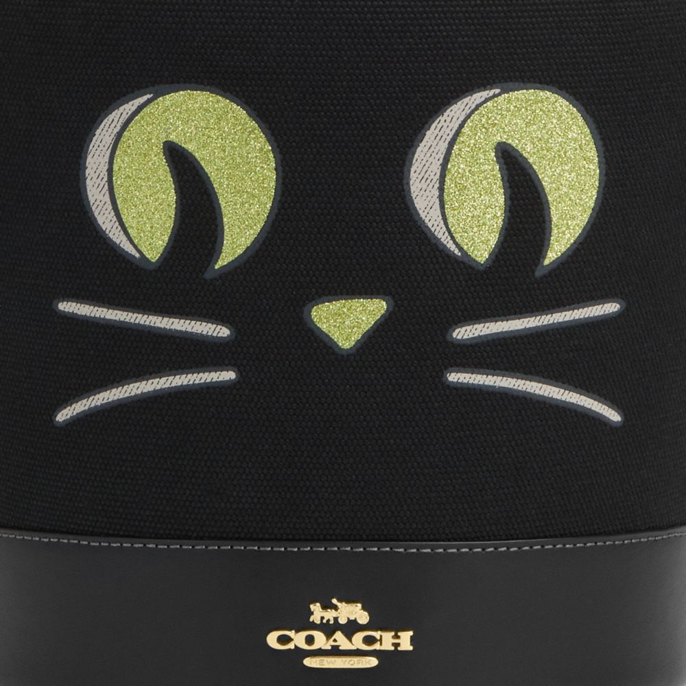 COACH®,Trick Or Treat Bucket With Halloween Cat,Canvas,Bucket,Embossed,Metal,Logo,Casual,Black