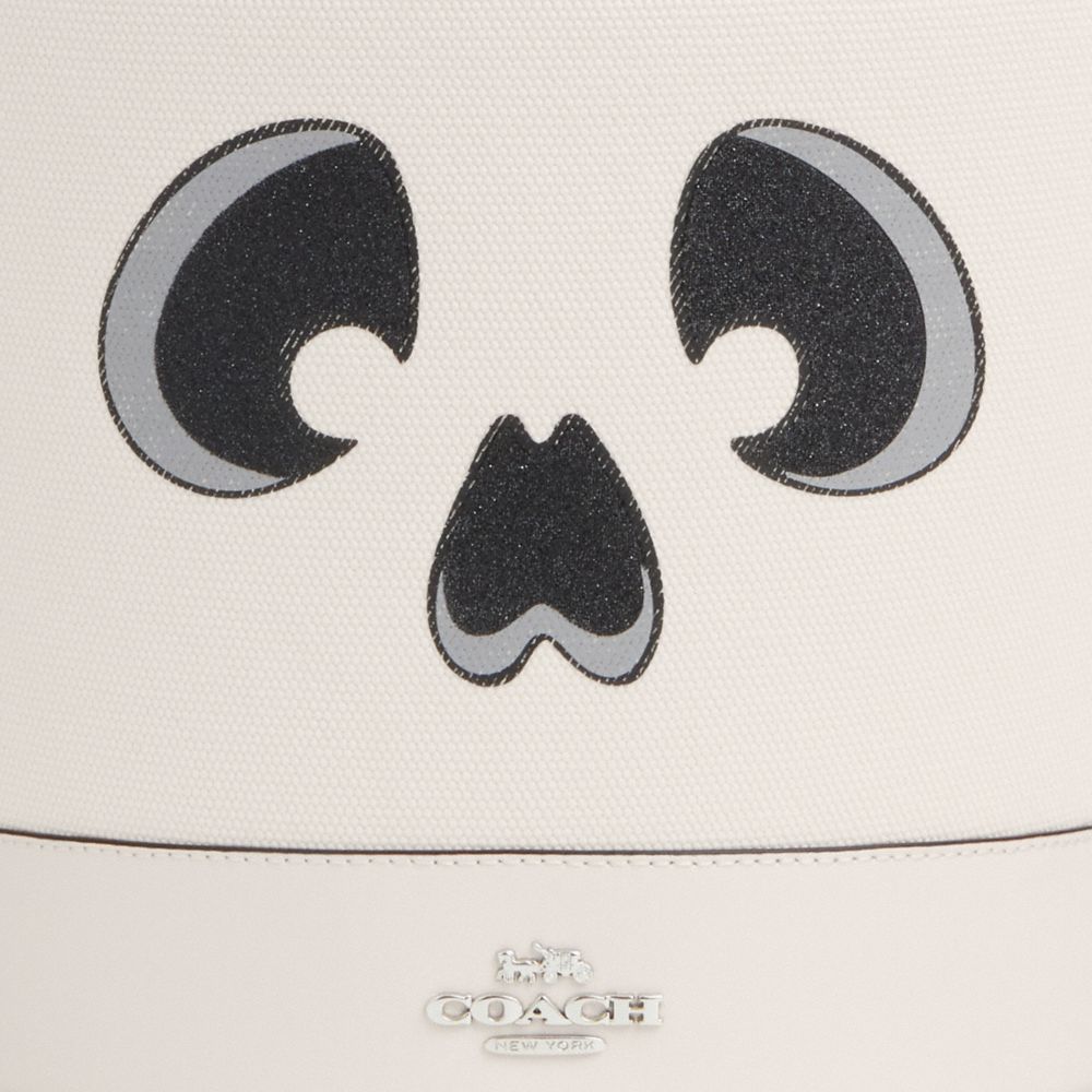 COACH®,Trick Or Treat Bucket With Halloween Ghost,Canvas,Bucket,Embossed,Logo,Metal,Day Party,White