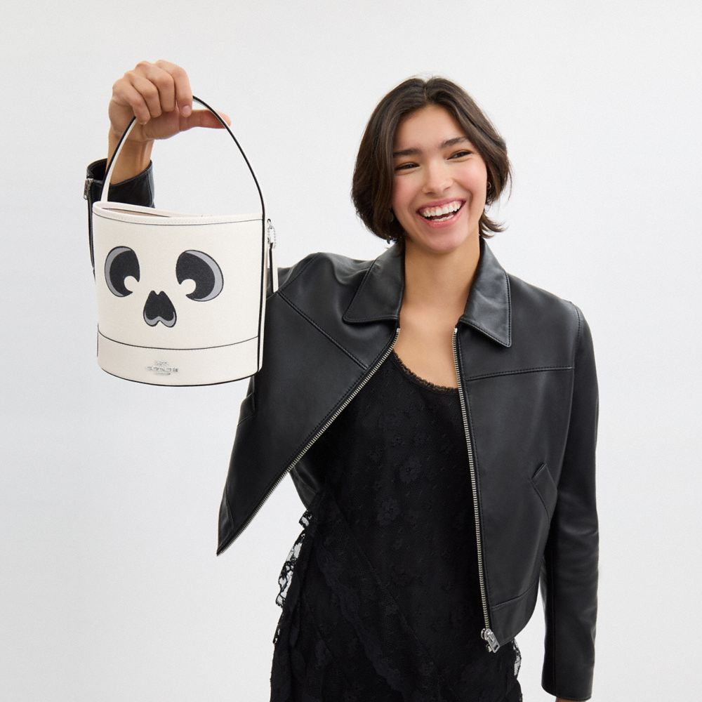 COACH®,Trick Or Treat Bucket With Halloween Ghost,Canvas,Bucket,Embossed,Logo,Metal,Day Party,White,Detail View
