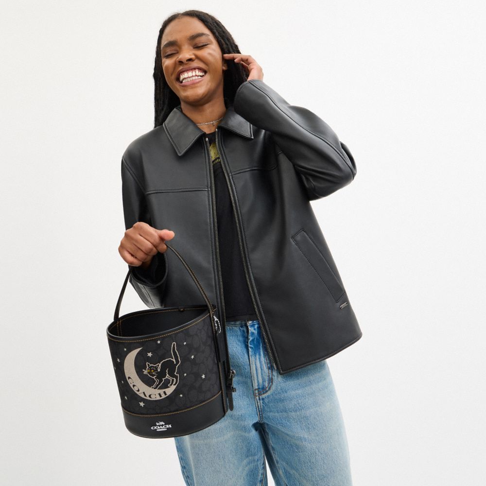 COACH®,Trick Or Treat Bucket In Signature Canvas With Halloween Graphic,Canvas,Bucket,Casual,Black,Detail View