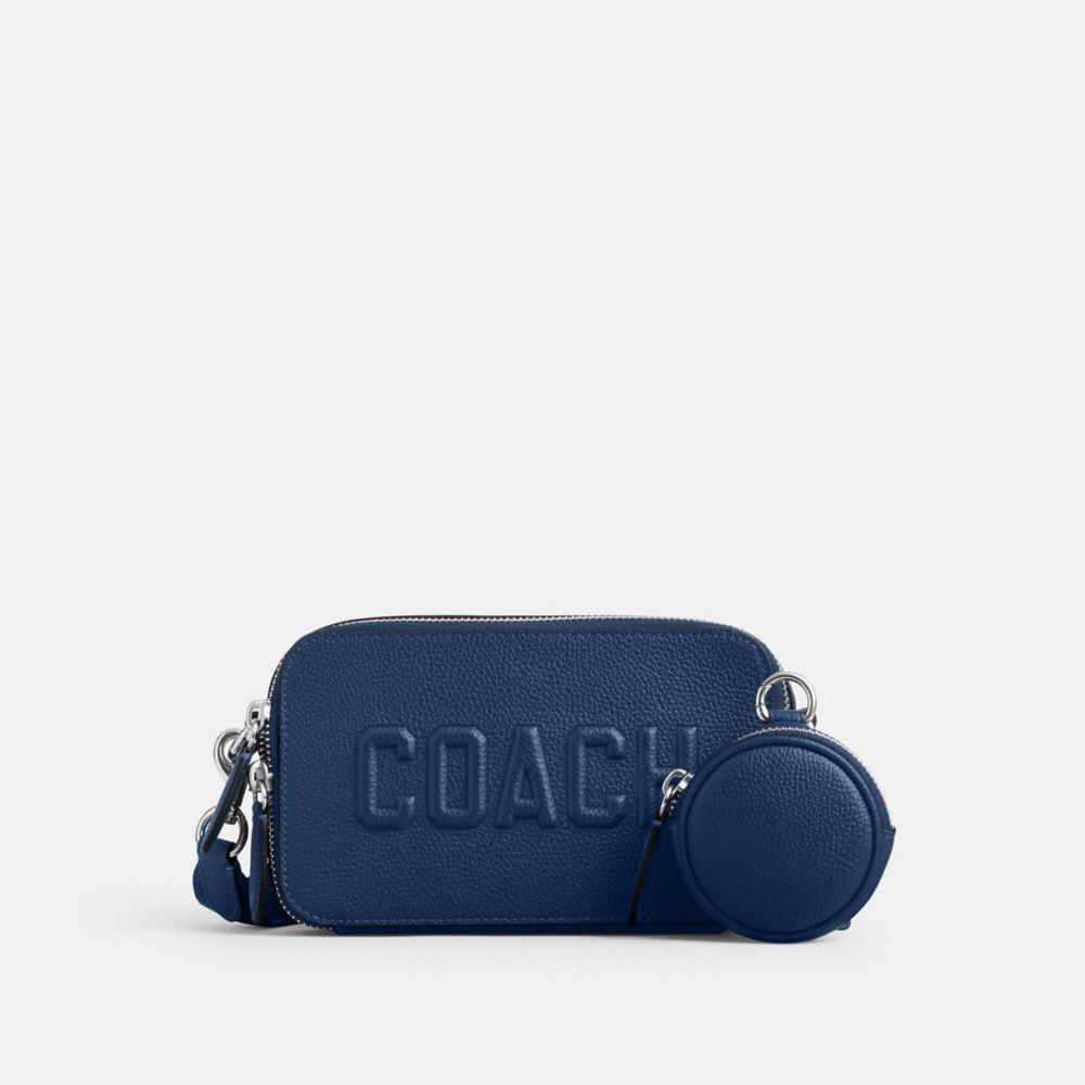 COACH®,SAC BANDOULIÈRE SLIM CHARTER AVEC MOTIF COACH,Bleu Profond,Front View