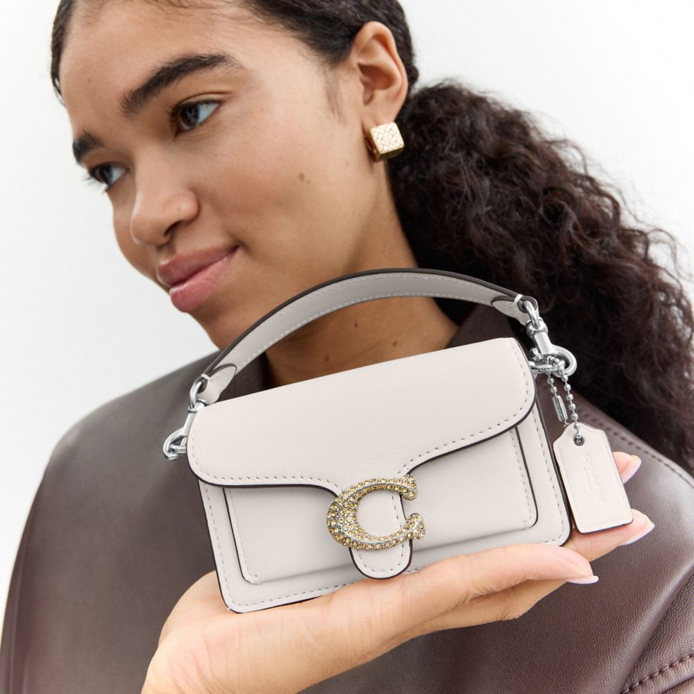 COACH®,Tabby Bag 12,Calfskin Leather,Continental,Metal,Rhinestones,Embossed,Logo,Gusset,Casual,White,Detail View