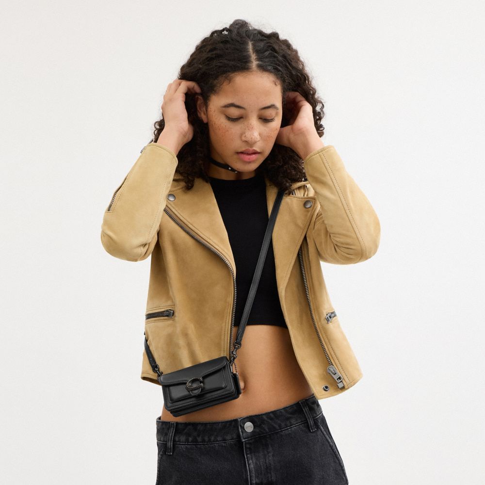 COACH®,Tabby Bag 12,Calfskin Leather,Continental,Metal,Rhinestones,Embossed,Logo,Gusset,Casual,Black