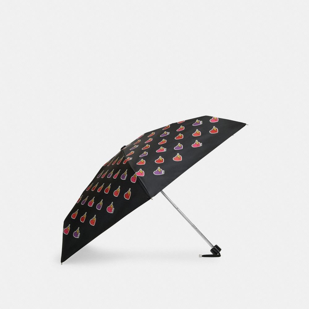 COACH®,MINI PARAPLUIE DE PROTECTION UV À IMPRIMÉ ÉCLAIR CŒUR,Argent/Noir Multi,Front View