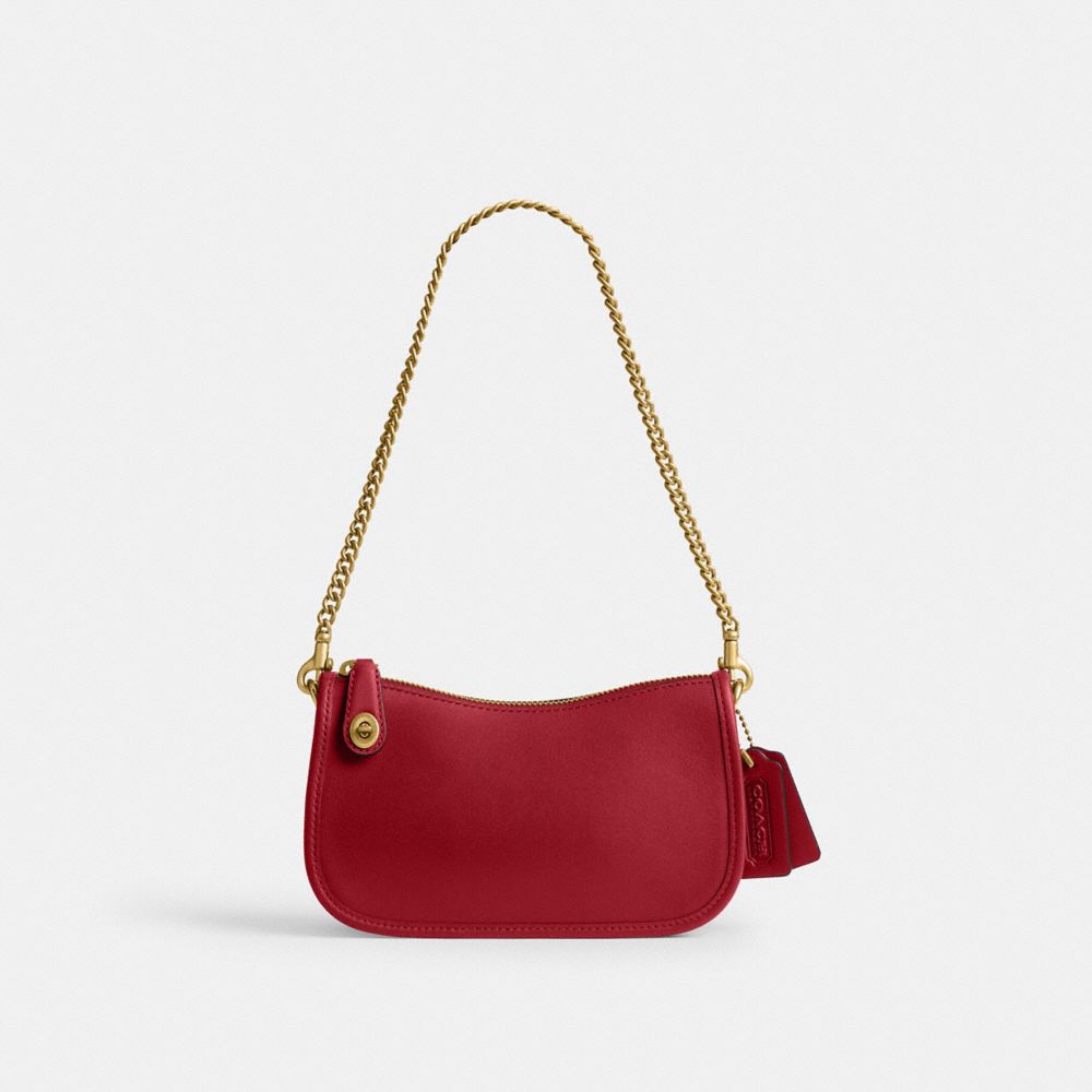 COACH®,Swinger 20,Leather,Shoulder Bag,Logo,Brass,Casual,Maroon,Front View