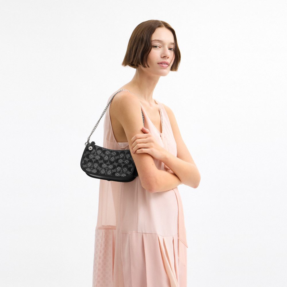 COACH®,Swinger Bag 20 With Chain In Crystal Signature Jacquard,Cotton,Shoulder Bag,Crystal,Color Block,Silver Metal,Casual,Black,Detail View