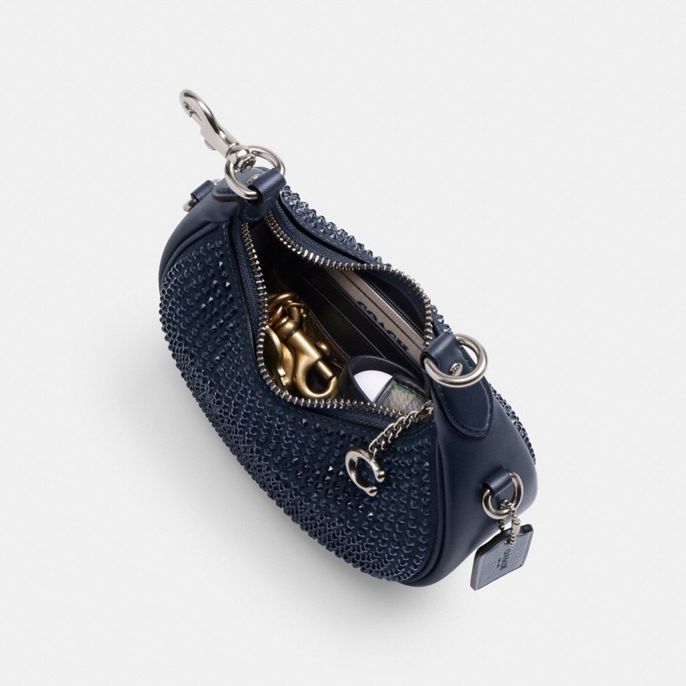 COACH®,Jonie Bag With Crystal,Suede,Leather,Shoulder Bag,Rhinestones,Gem Embellishment,Applique,Silver Metal,Day Party,Teal,Inside View,Top View