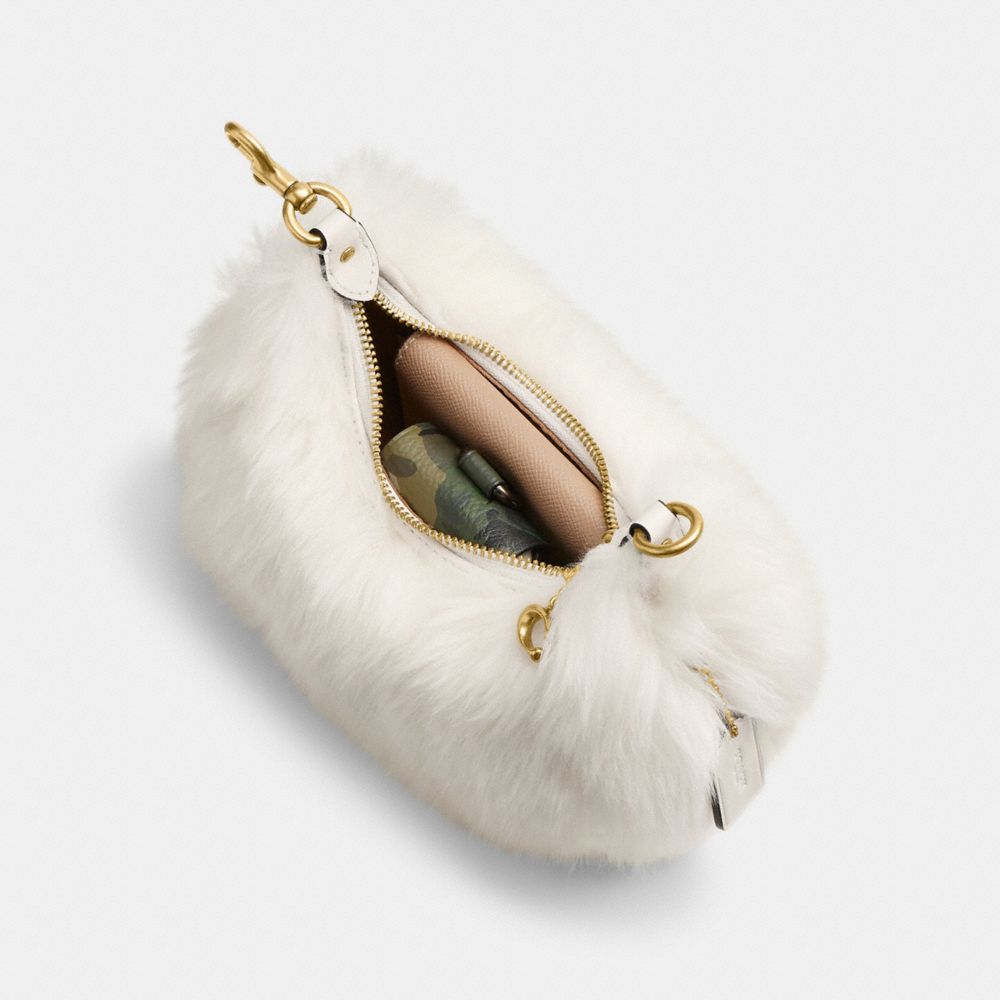 COACH®,Jonie Bag,Shearling,Crossbody,Logo,Metal,Compact,Gold Metal,Party,Day Party,White,Inside View, Top View