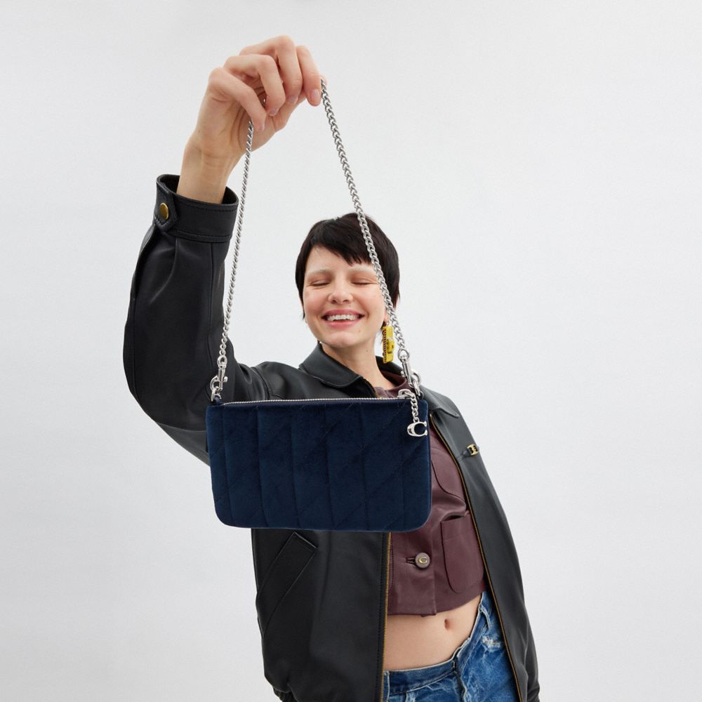 COACH®,Pouch Bag With Quilting,Velvet,Leather,Pouch,Clutch,Faux Leather,Logo,Metal,Embossed,Silver Metal,Casual,Navy,Detail View