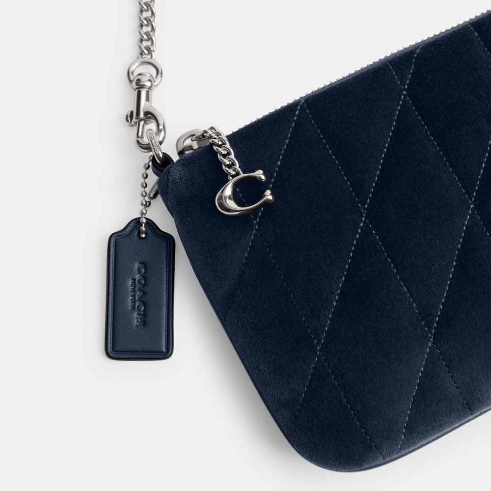 COACH®,Pouch Bag With Quilting,Velvet,Leather,Pouch,Clutch,Faux Leather,Logo,Metal,Embossed,Silver Metal,Casual,Navy,Closer View