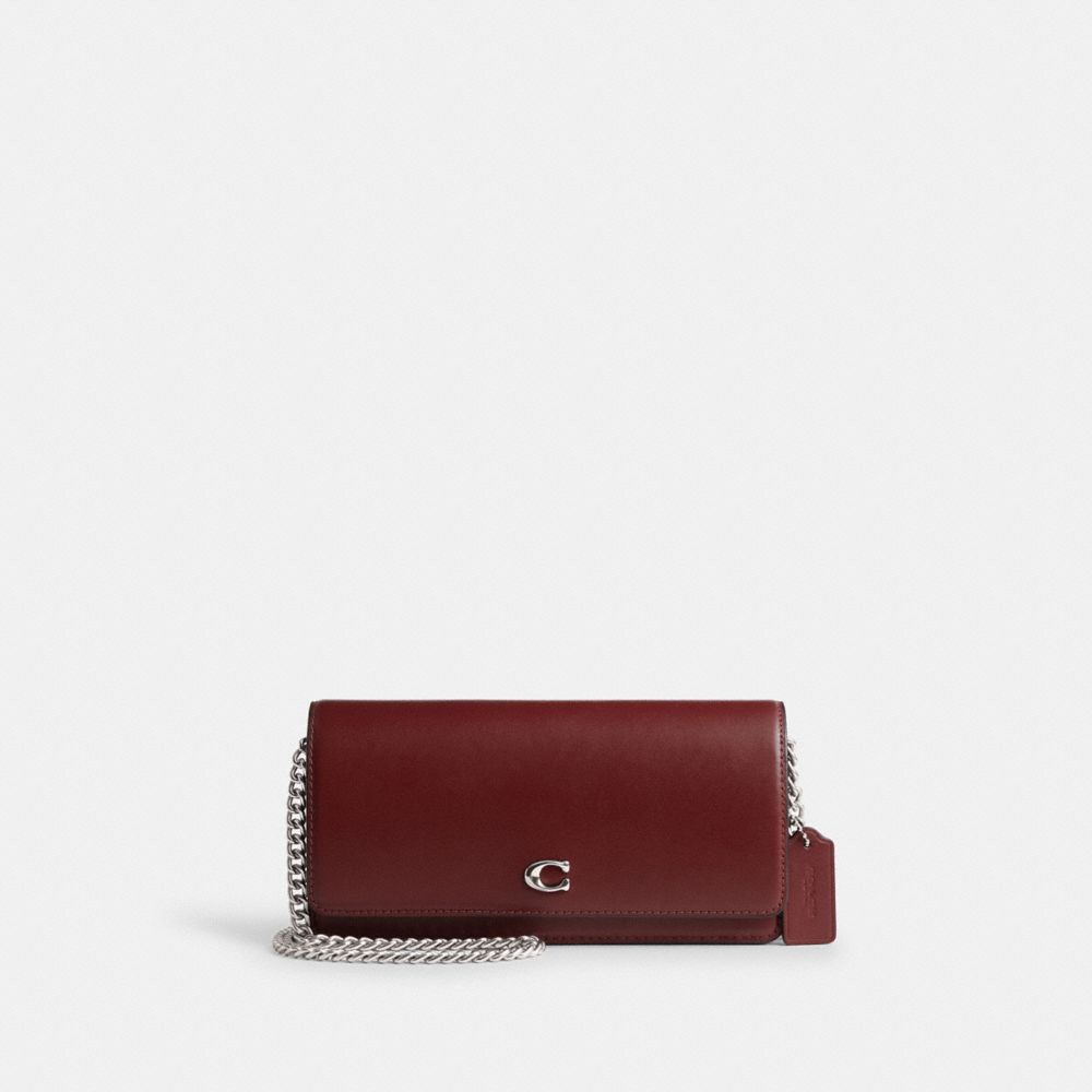 COACH®,Evie Long Wallet With Chain,Crossbody,Metal,Logo,Pen Holder,Casual,Maroon,Front View