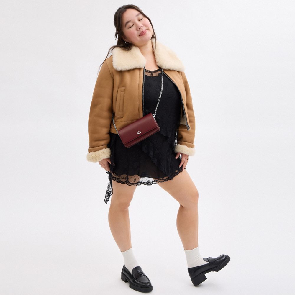 COACH®,Evie Long Wallet With Chain,Crossbody,Logo,Metal,Pen Holder,Casual,Maroon