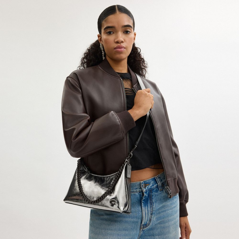 COACH®,Juliet Shoulder Bag 25,Leather,Hobo,Logo,Chain Detail,Metal,Lined,Compact,Silver Metal,Party,Day Party,Casual,Metallic