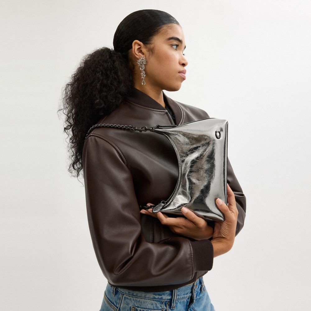 COACH®,Juliet Shoulder Bag 25,Leather,Hobo,Logo,Chain Detail,Metal,Lined,Compact,Silver Metal,Party,Day Party,Casual,Metallic,Detail View