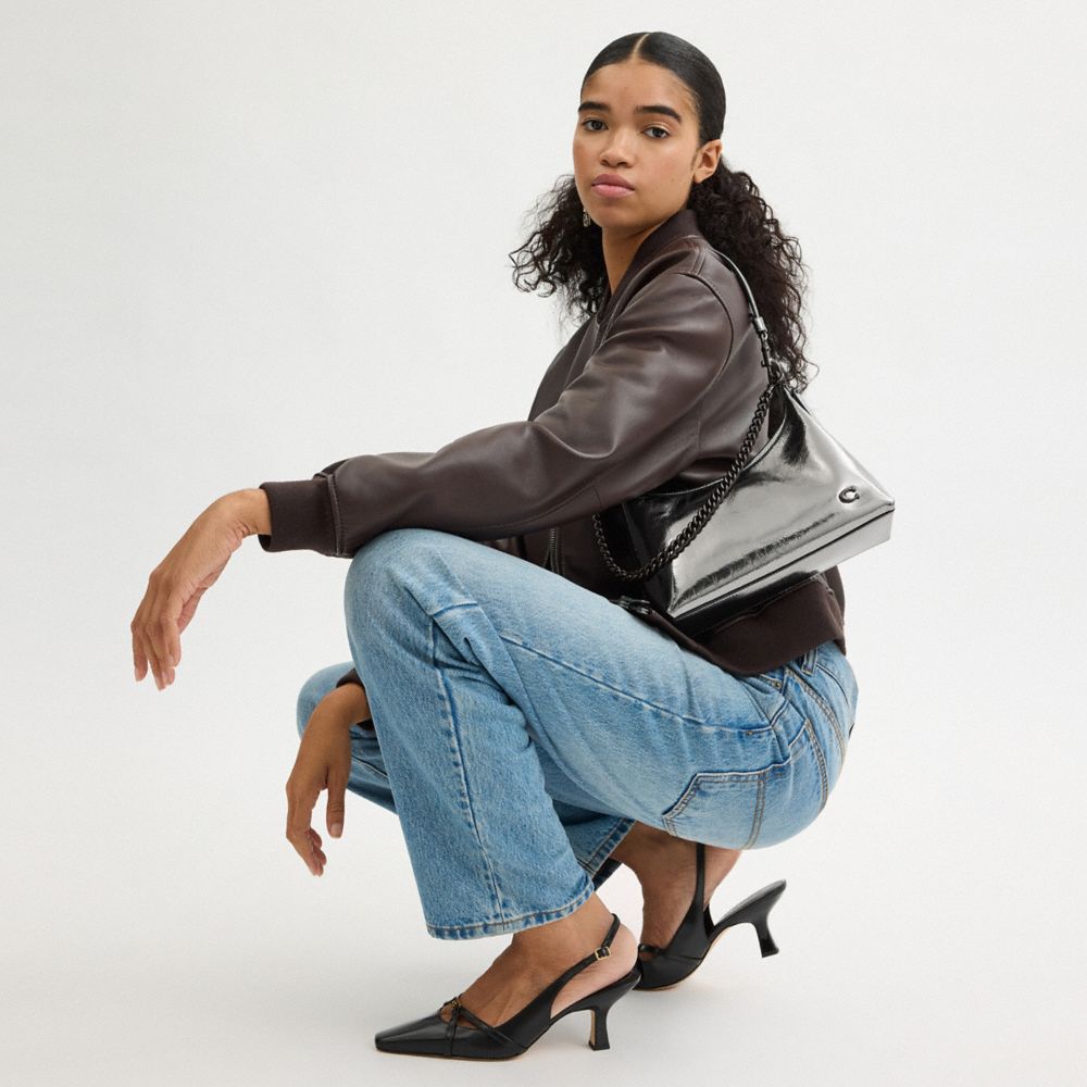 COACH®,Juliet Shoulder Bag 25,Leather,Hobo,Logo,Chain Detail,Metal,Lined,Compact,Silver Metal,Party,Day Party,Casual,Metallic,Detail View