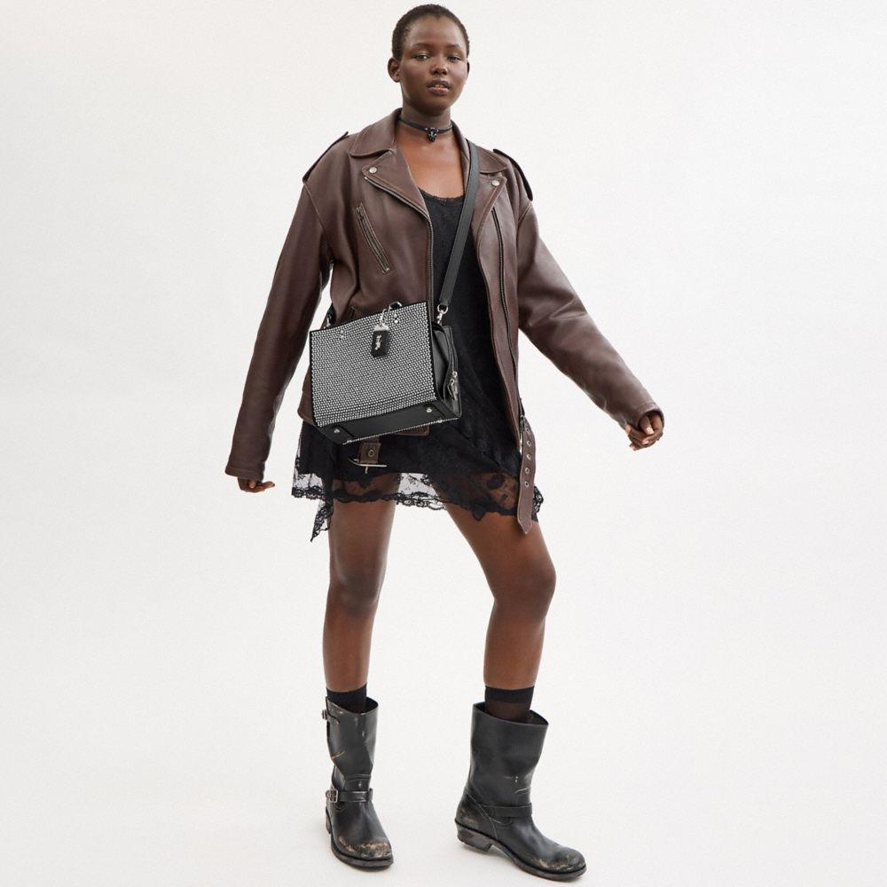 COACH®,Rogue Bag 25 With Crystal,Leather,Suede,Crossbody,Rhinestones,Studded,Metal,Logo,Silver Metal,Party,Gray