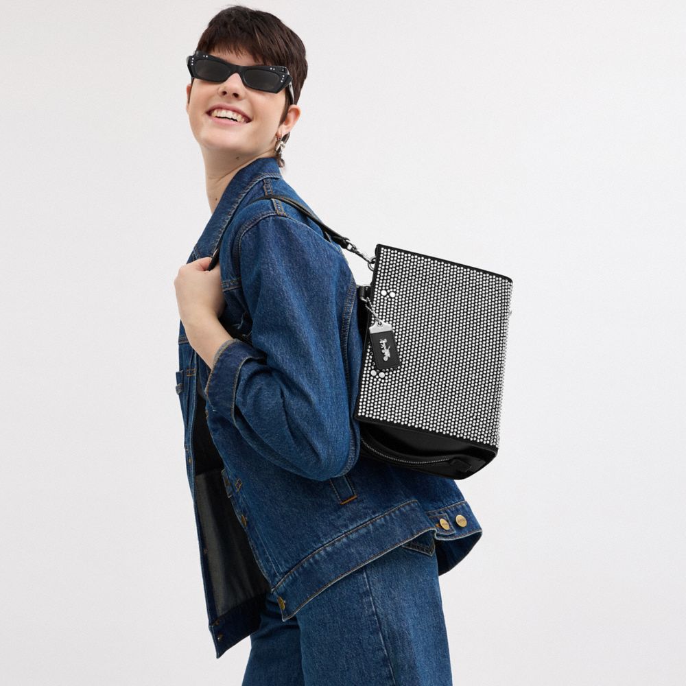 COACH®,Rogue Bag 25 With Crystal,Leather,Suede,Crossbody,Rhinestones,Studded,Metal,Logo,Silver Metal,Party,Gray,Detail View