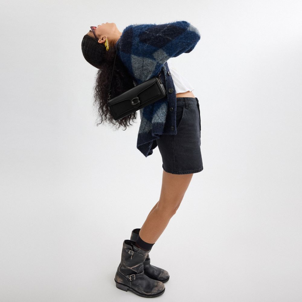 COACH®,Tabby Shoulder Bag 28,Calfskin Leather,Shoulder Bag,Rhinestones,Metal,Logo,Embossed,Color Metal,Day Party,Black,Detail View