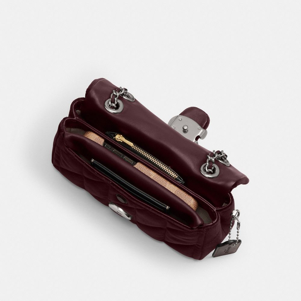 COACH®,Tabby Shoulder Bag 20 With Quilting,Leather,Velvet,Shoulder Bag,Embossed,Metal,Logo,Shoulder Guard,Silver Metal,Day...,Maroon,Inside View,Top View