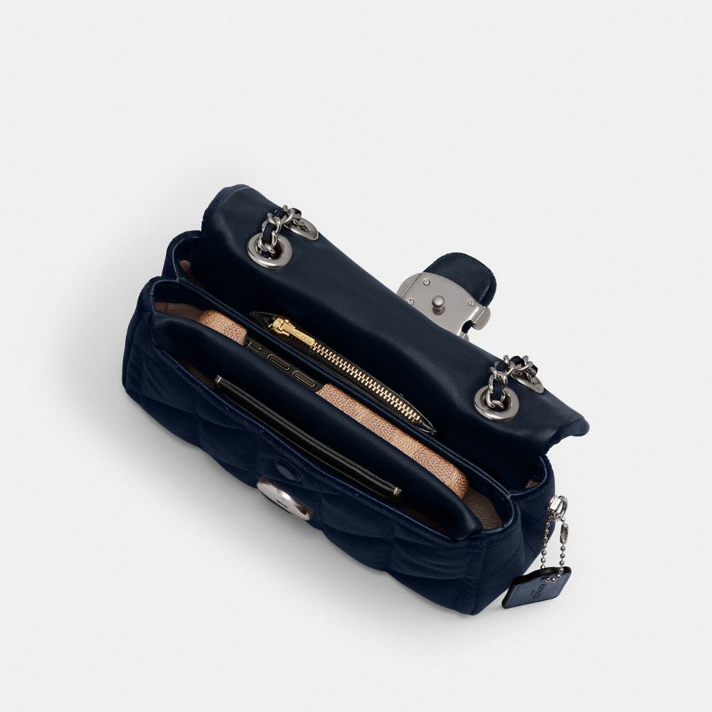 COACH®,Tabby Shoulder Bag 20 With Quilting,Leather,Velvet,Shoulder Bag,Embossed,Metal,Logo,Shoulder Guard,Silver Metal,Day...,Navy,Inside View,Top View