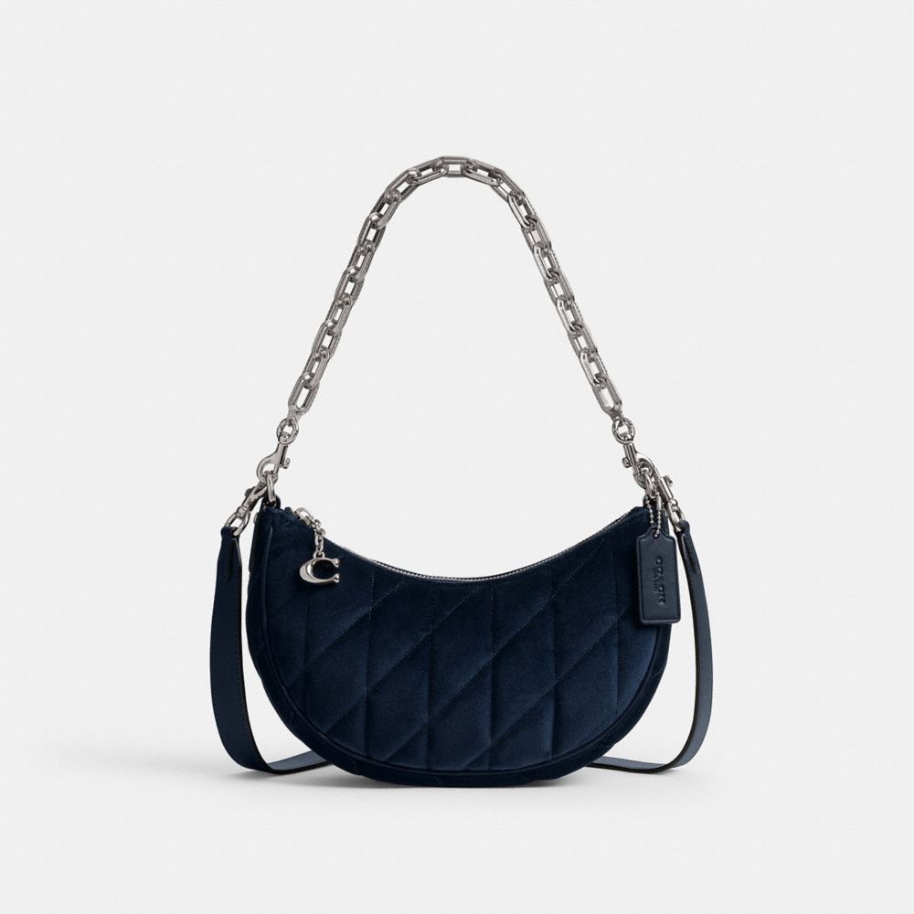 COACH®,Mira Shoulder Bag With Quilting,Leather,Velvet,Shoulder Bag,Logo,Metal,Embossed,Chain Detail,Silver Metal,Casual,Da...,Navy,Front View