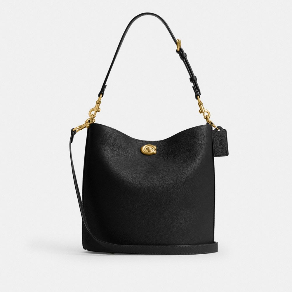 COACH®,Willow Soft Bucket Bag,Leather,Bucket,Metal,Logo,Brass,Casual,Black,Front View