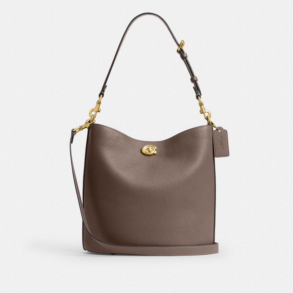 COACH®,Willow Soft Bucket Bag,Leather,Bucket,Metal,Logo,Brass,Casual,Brown,Front View