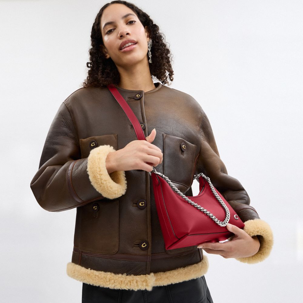 COACH®,Juliet Shoulder Bag 25,Leather,Hobo,Metal,Logo,Chain Detail,Lined,Compact,Gold Metal,Casual,Day Party,Maroon