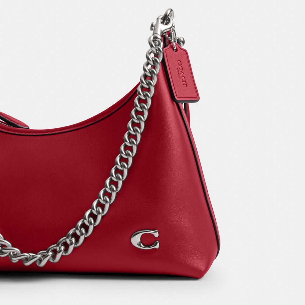 COACH®,Juliet Shoulder Bag 25,Leather,Hobo,Metal,Logo,Chain Detail,Lined,Compact,Gold Metal,Casual,Day Party,Maroon,Closer View