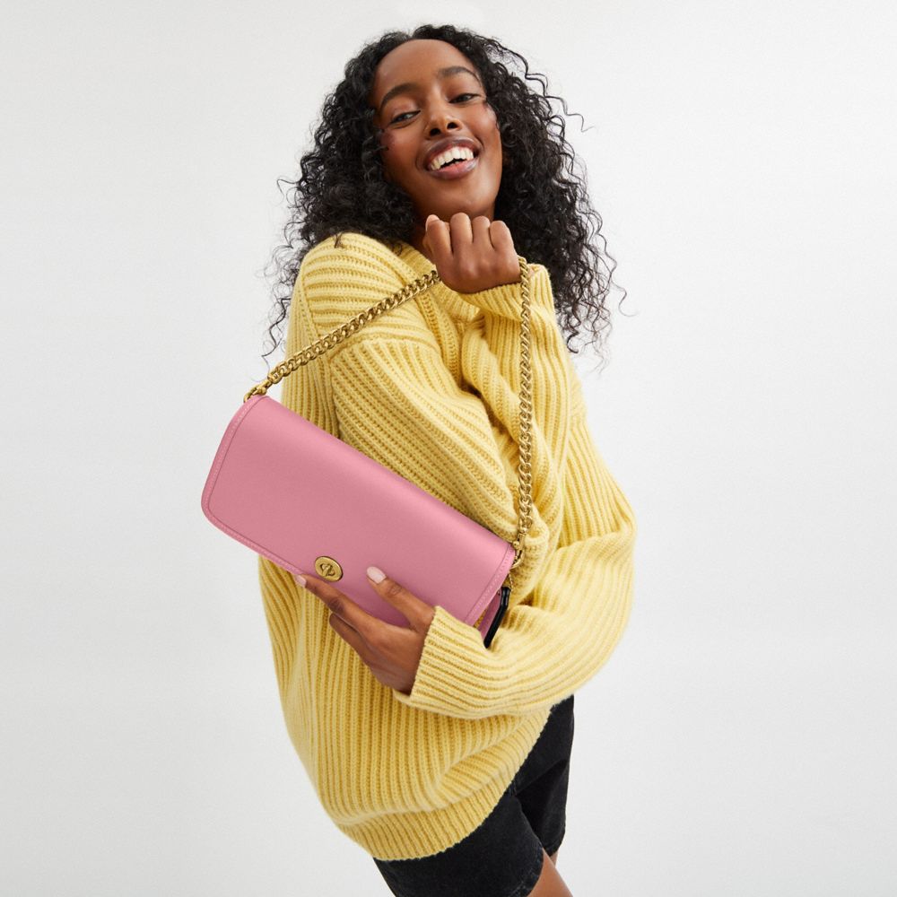 COACH®,Dinky Bag,Leather,Shoulder Bag,Logo,Embossed,Pen Holder,Gold Metal,Casual,Pink,Detail View