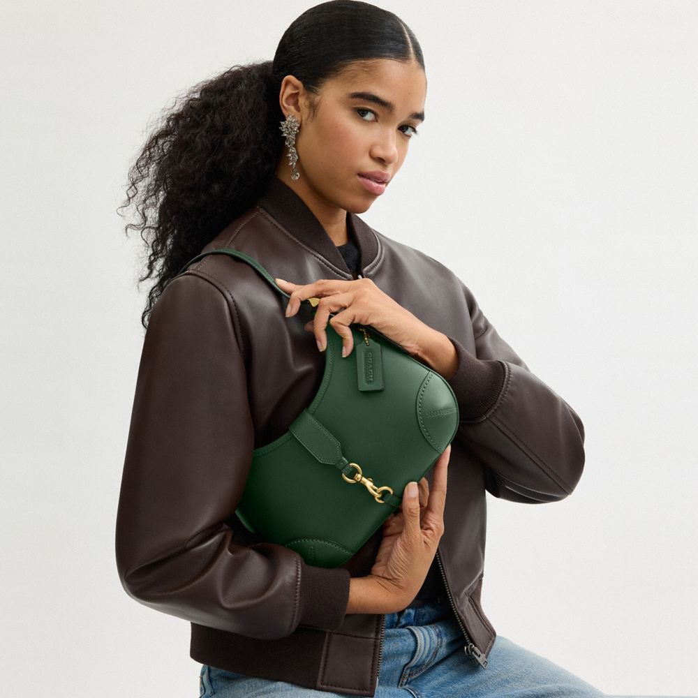 COACH®,Hamptons Hobo Bag,Leather,Shoulder Bag,Metal,Logo,Embossed,Adjustable,Silver Metal,Casual,Emerald,Detail View