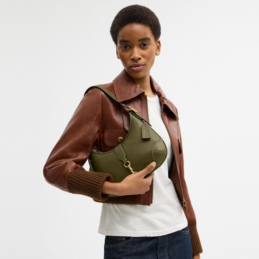 COACH®,Hamptons Hobo Bag,Leather,Shoulder Bag,Embossed,Logo,Metal,Adjustable,Silver Metal,Casual,Olive,Detail View