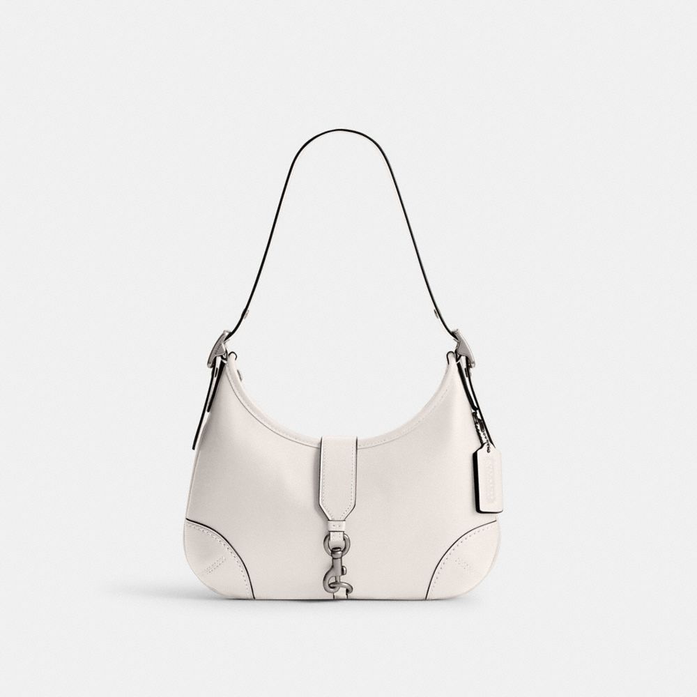 COACH®,Hamptons Hobo Bag,Leather,Shoulder Bag,Embossed,Metal,Logo,Adjustable,Silver Metal,Casual,White,Front View