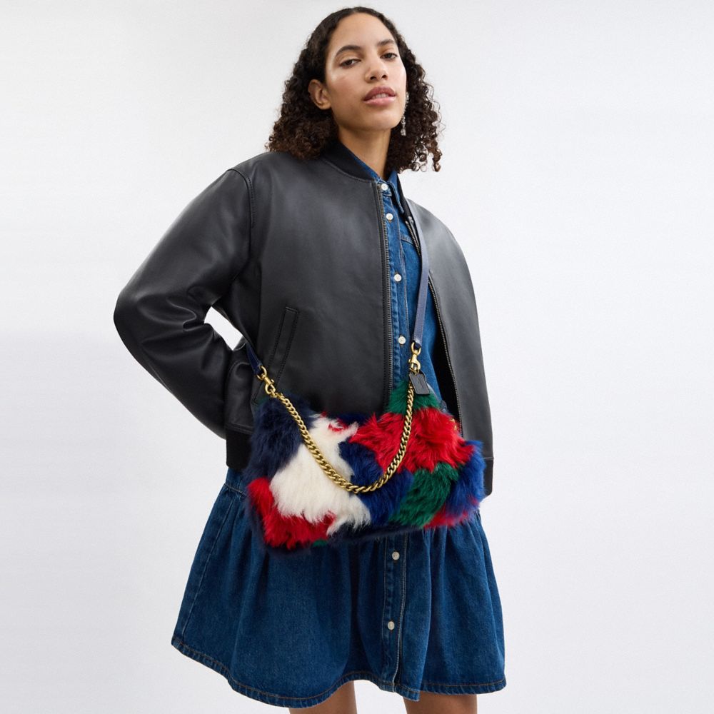 COACH®,Juliet Shoulder Bag 25 With Patchwork,Shearling,Shoulder Bag,Chain Detail,Logo,Metal,Compact,Gold Metal,Day Party,C...,Multi Color