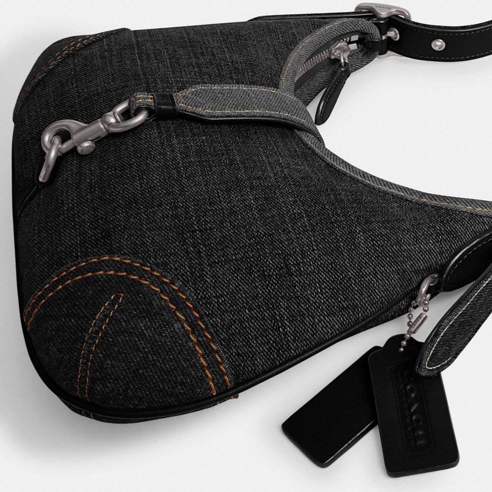 COACH®,Hamptons Hobo Bag,Denim,Shoulder Bag,Logo,Color Block,Adjustable,Brass,Casual,Black,Closer View