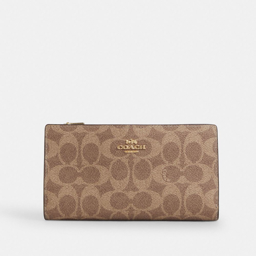 COACH®,スリム ジップ ウォレット・シグネチャー キャンバス,長財布,ﾀﾝ/ﾌﾞﾗｳﾝ