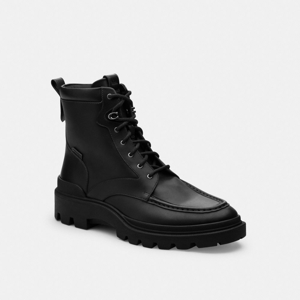 COACH®,Connor Boot,Rubber,Leather,Combat,Boots,Traction,Pull Tab,Casual,Black,Front View