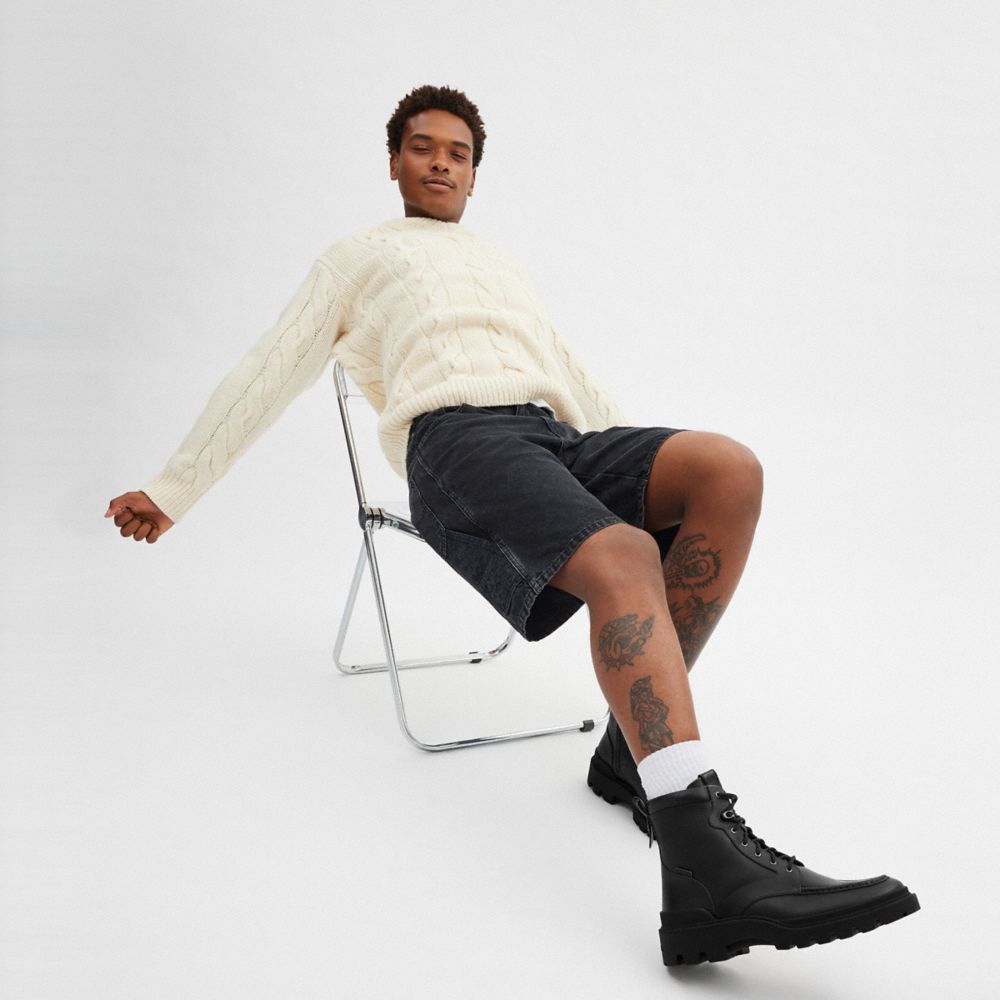 COACH®,Connor Boot,Rubber,Leather,Combat,Boots,Traction,Pull Tab,Casual,Black,Detail View