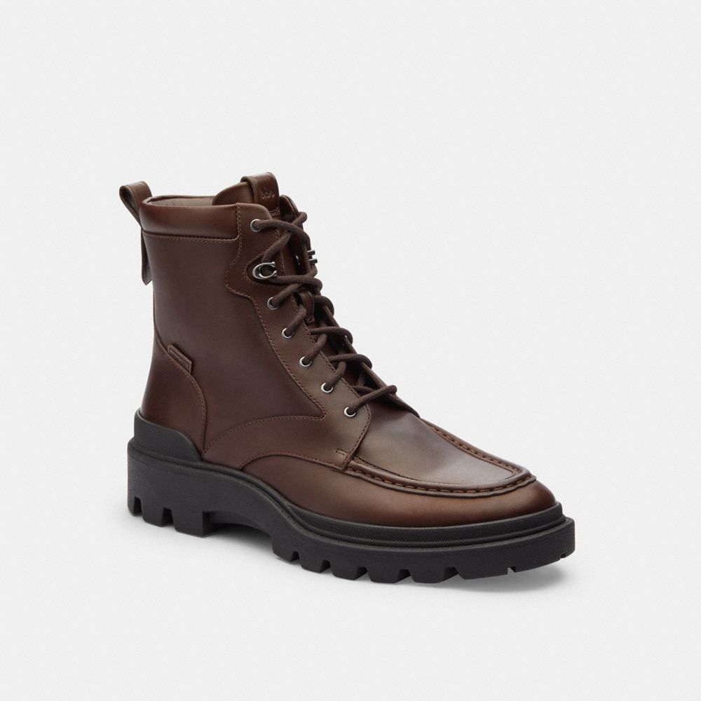 COACH®,Connor Boot,Rubber,Leather,Combat,Boots,Traction,Pull Tab,Casual,Brown,Front View