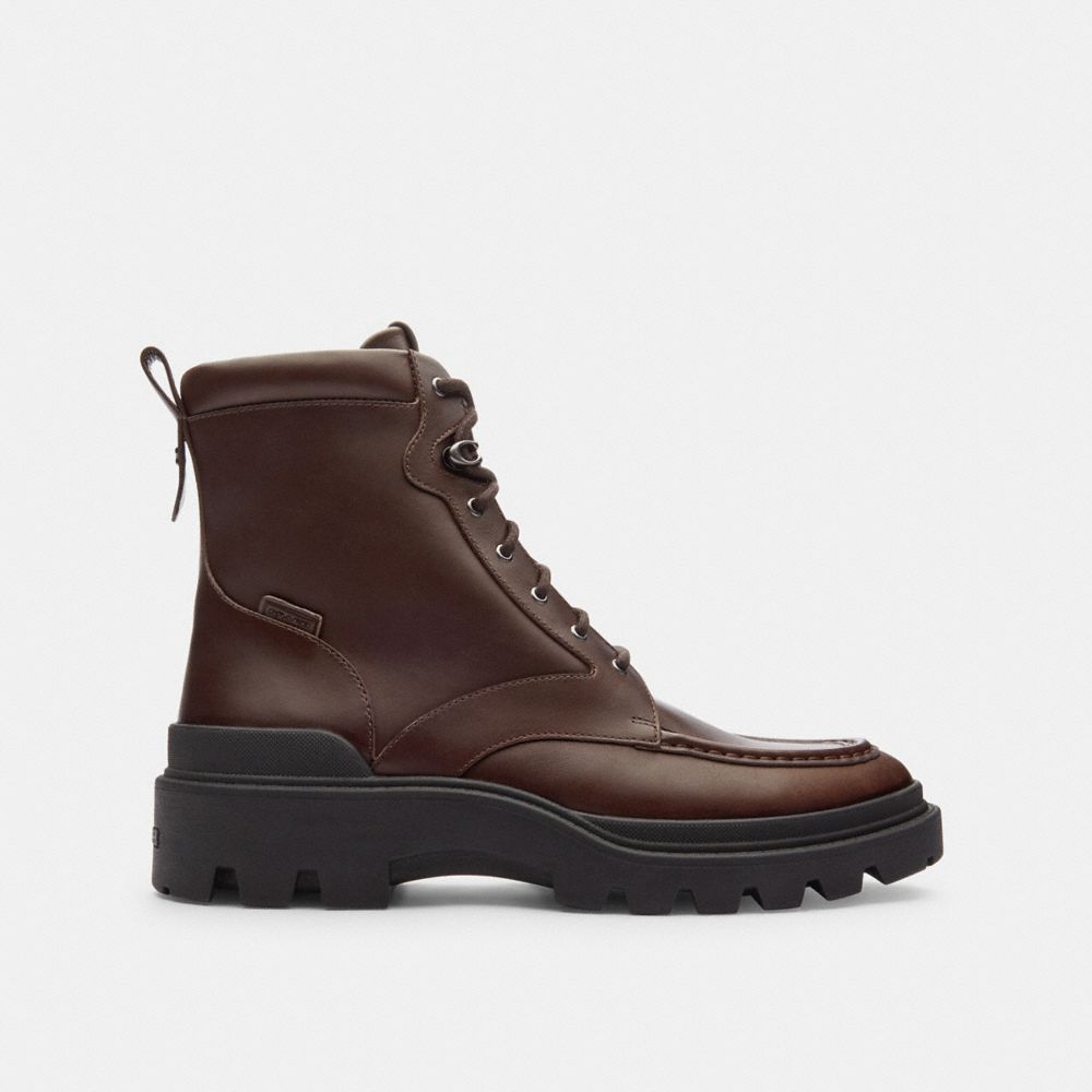 COACH®,Connor Boot,Rubber,Leather,Combat,Boots,Traction,Pull Tab,Casual,Brown,Angle View