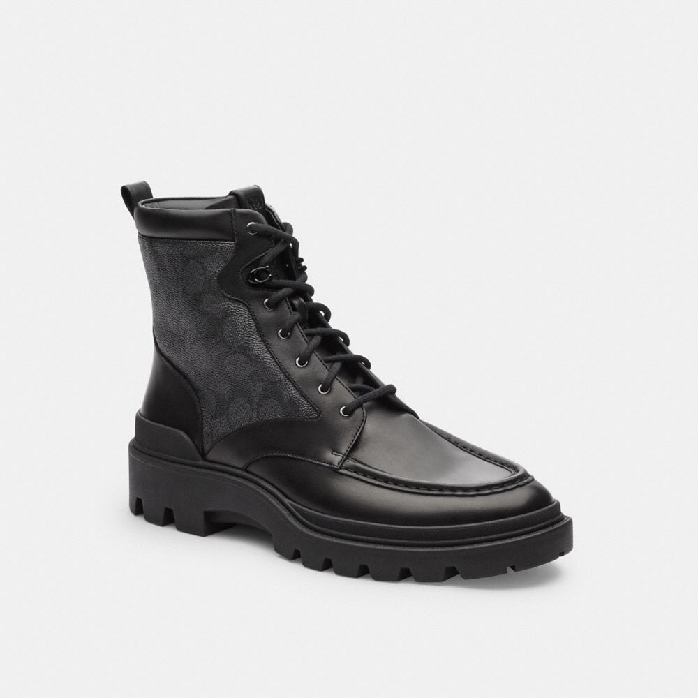 COACH®,Connor Boot In Signature Canvas,Rubber,Combat,Pattern,Traction,Pull Tab,Casual,Black,Front View image number 0